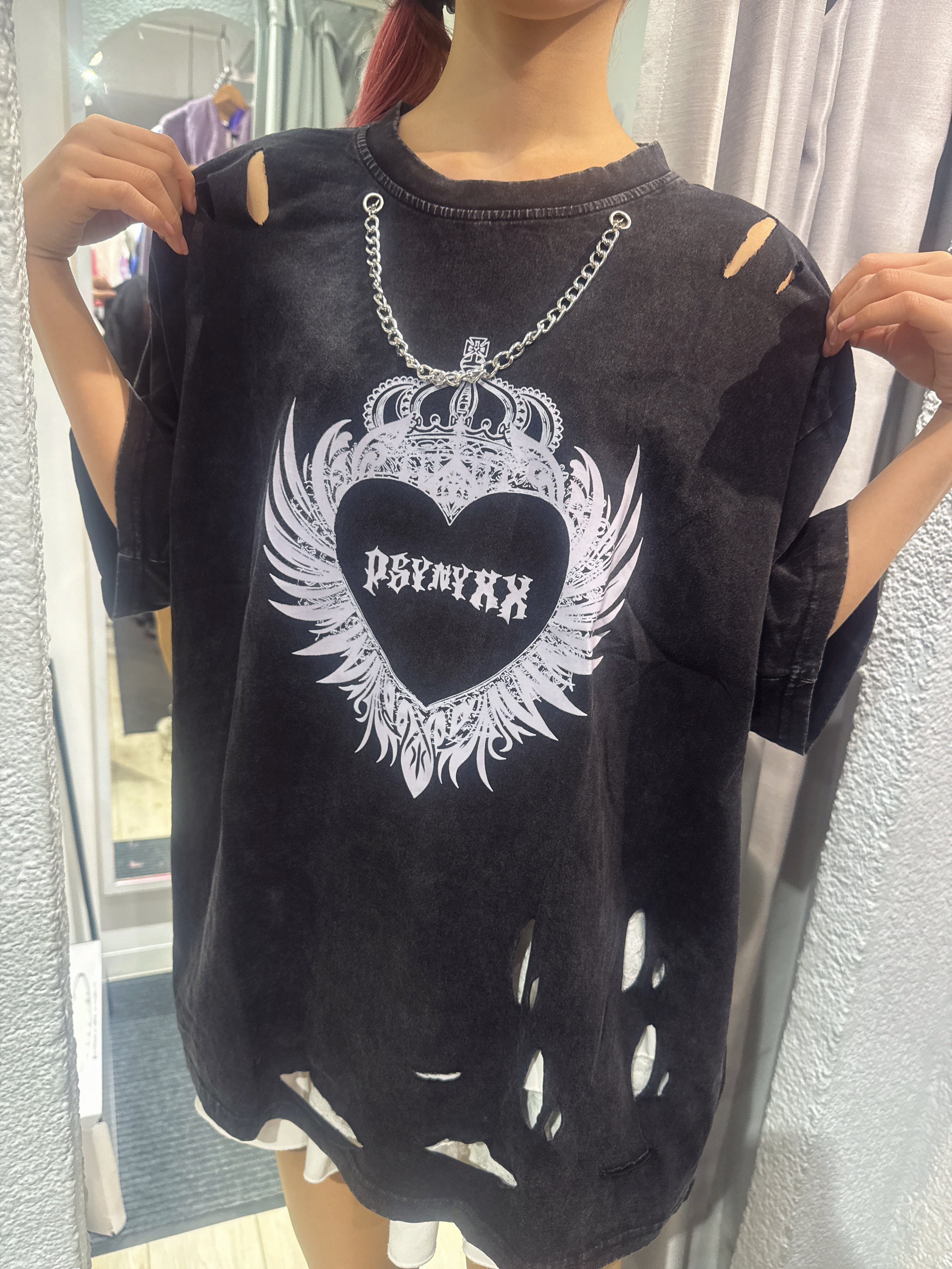 PSYNYXX ハートウィングチェーンtshirts | 韓国系ユニセックスTHICC