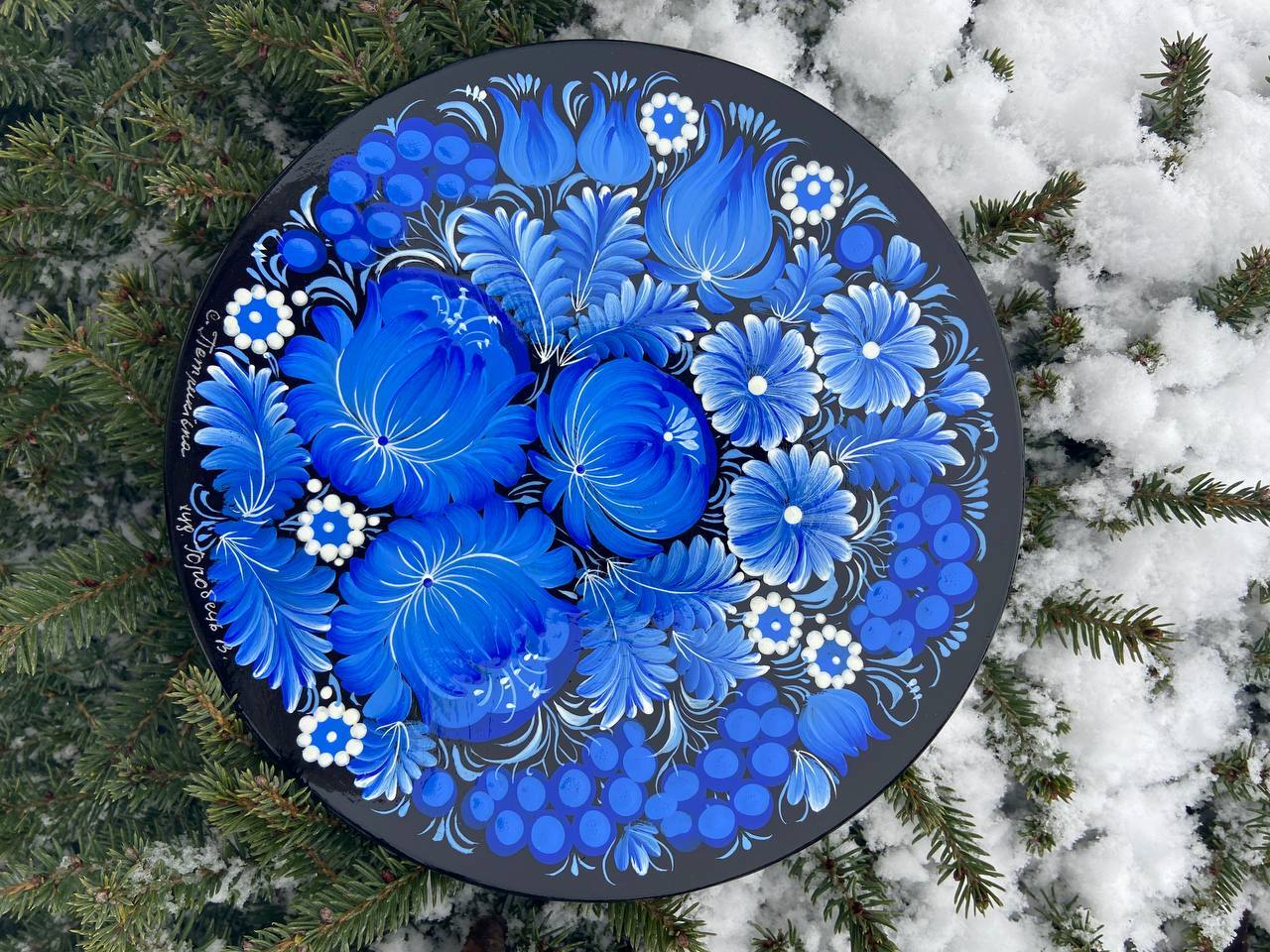 ペトリキウカ塗り 木製プレート（ヴァレンティナ・ホロべッツ作）20cm