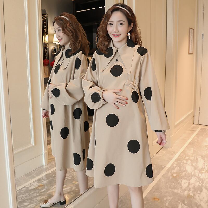 【新作】【送料無料】 新しいファッションの水玉ラペルルーズミドル丈プラスサイズのマタニティドレスのマタニティウェア2019春バージョン-アリババ 大きめサイズ スプリング 春物 expec292213976624