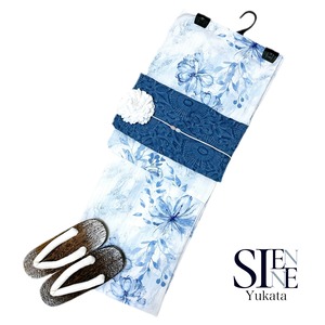 浴衣ジェンヌ 浴衣5点セット 白地 ブルーの花 水彩画調 ポリエステル ゆかた 兵児帯 青 水色 浴衣