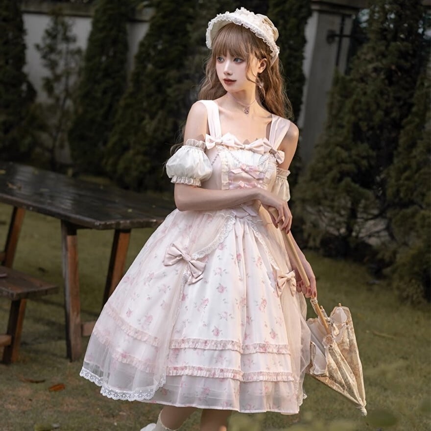 JSK レトロ クラシカル 花柄 ピンク ウエストリボン フリル ガーリー