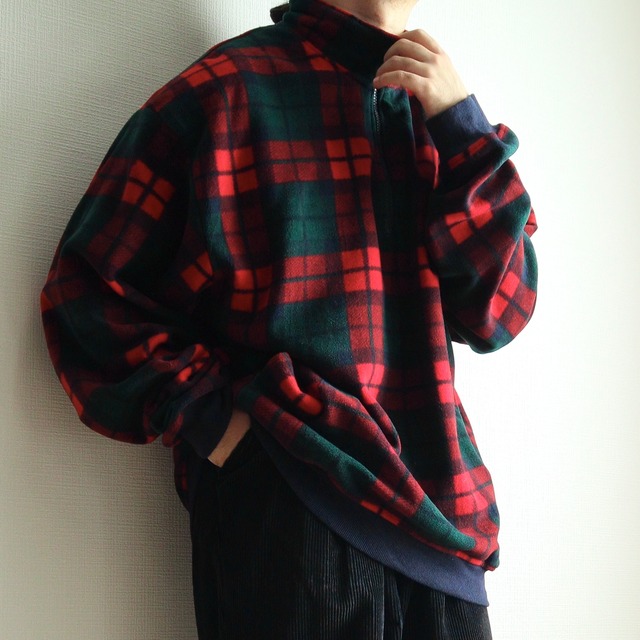 "made in USA" "OLD-GAP" "80's-90's vintage" big silhouette plaid pattern half-zip sweat