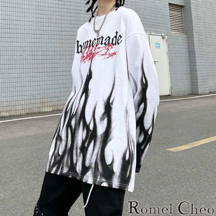 お支払い確認後20日以内発送】RomelCheo 原宿系炎プリント長袖Tシャツ ...