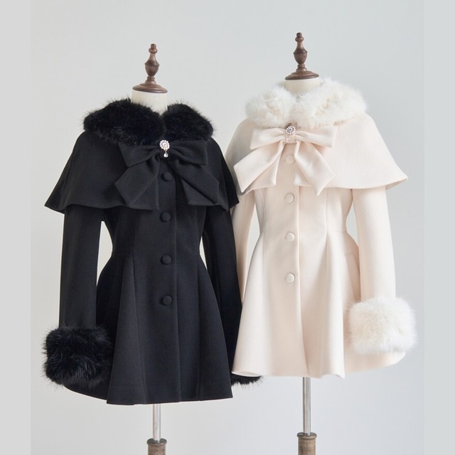 量産型 フェイクファーコート ケープコート風 ネックリボン ビシュ―