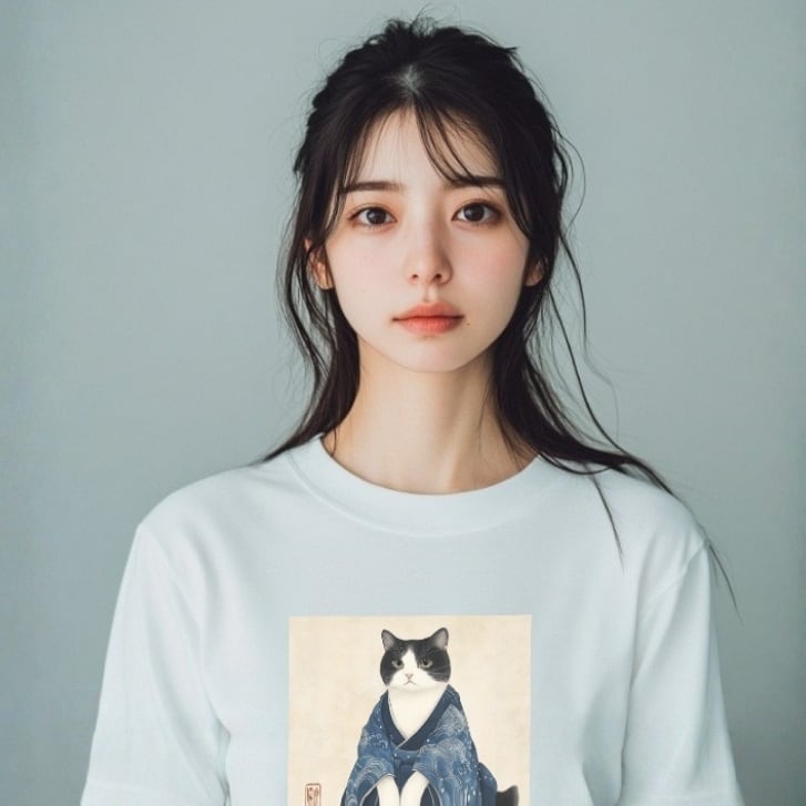 風格まとう白黒猫 ロングTシャツ リブ付 / Stylish black and white cat long t-shirt with ribbing