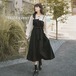 偽のツーピースの長袖フレンチ ドレスの女性、プレッピーな秋のスタイル、新しいスリムなヘップバーン スタイルのデコンストラクト シャツ、リトル ブラック スカート ロング オータム 秋物 ワンピース スカート rg0311a70541011984