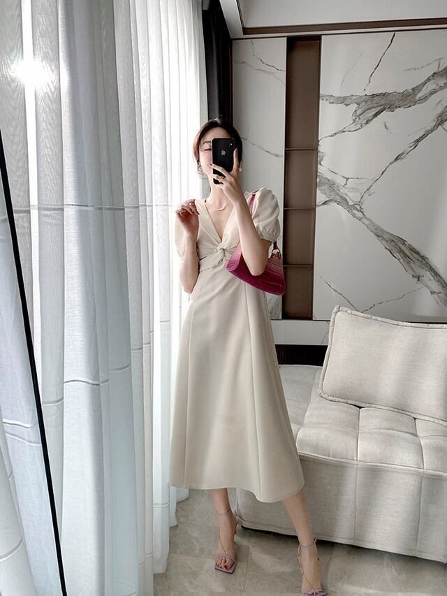 韓国風 ベージュ サイズXL クロスVネック ハイウエスト