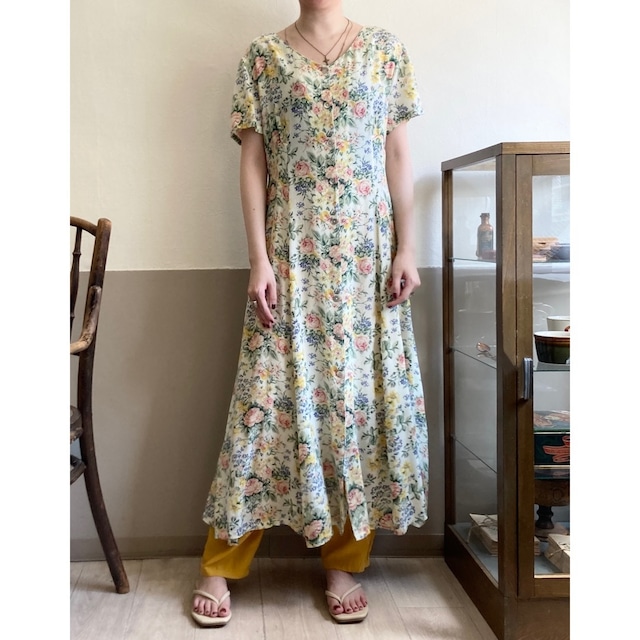 Vintage Yellow Botanical Rayon Dress