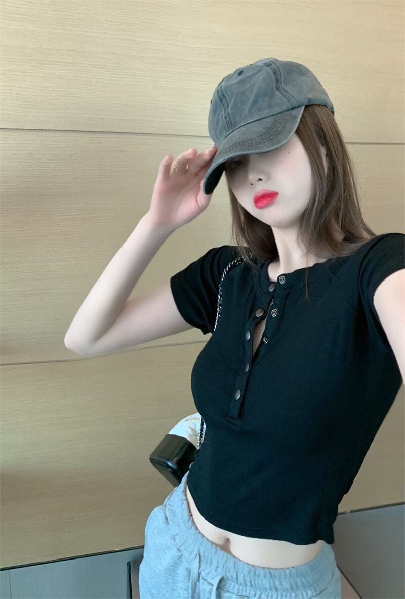 Tシャツ サマーショートハイウェストブラックトップス 大人ガーリー スウィート キュート カジュアル 夏物 ピュア ブラックストロベリース19739568307