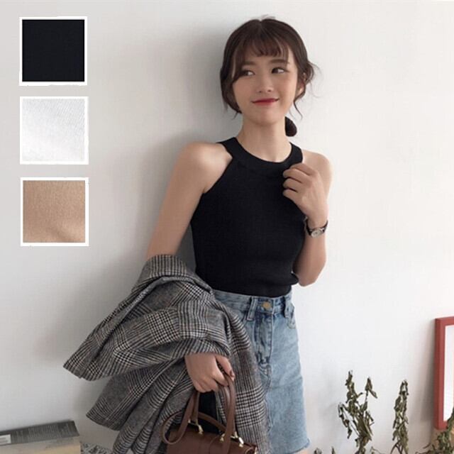タンクトップ アメリカンスリーブ アメスリ リブニット カットソー キャミソール プルオーバー ブラック/ホワイト/ベージュ 無地 ショート ノースリーブ ホルターネック