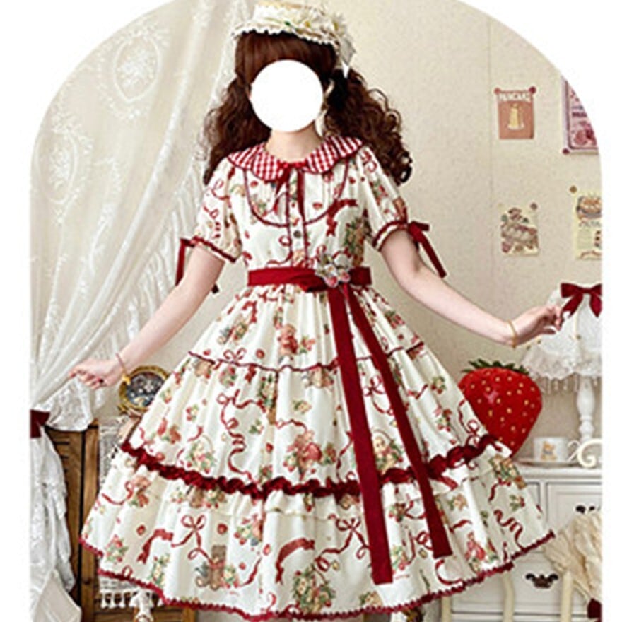 甘ロリ｜いちごとくま柄が広がるティアード ゆめかわいいワンピース