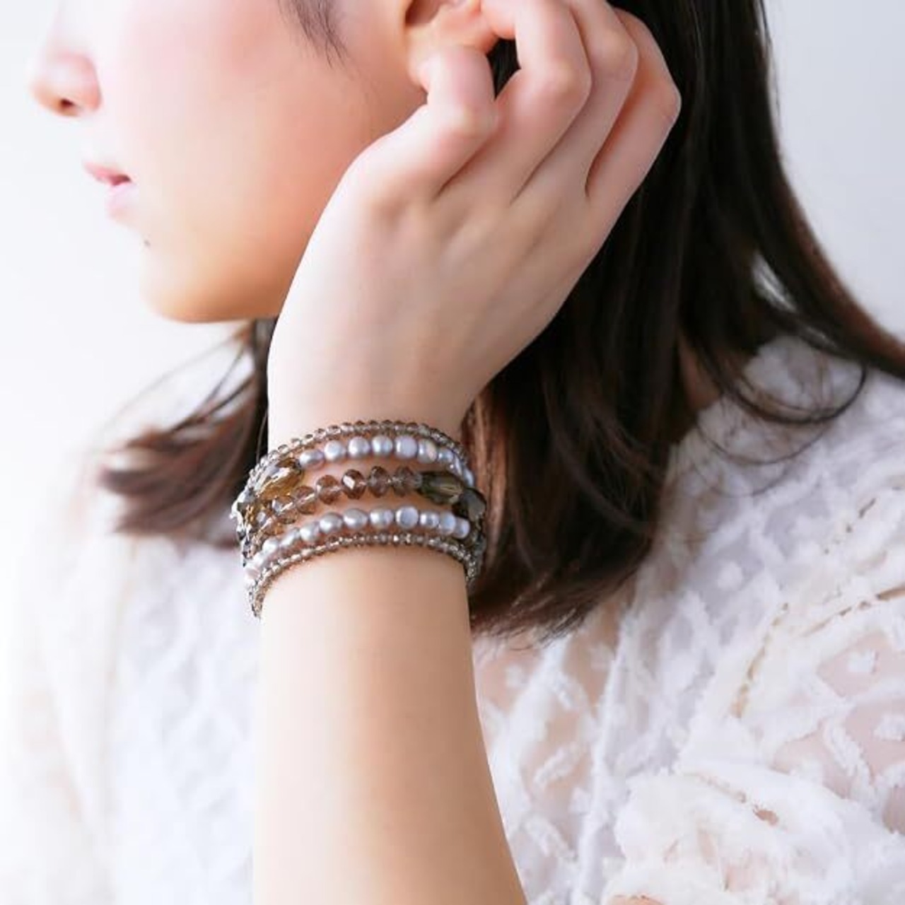淡水パール×クリスタル 5連ブレスレット ダークブラウン