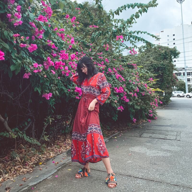 タイタイドブランドホリデーレトロロングスカートボヘミアンエスニックスタイルプリントボタンウエストシンホリデードレス 延命家ファッション8630806