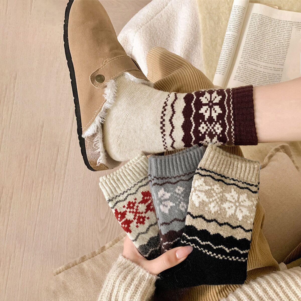 ソックス ノルディック柄 4足セット レディース 韓国 靴下 秋冬 暖かい 厚手 おしゃれ 大人 かわいい カジュアル レトロ ルームソックス 冷え対策 柔らかい 伸縮性 大人可愛い 大人女子