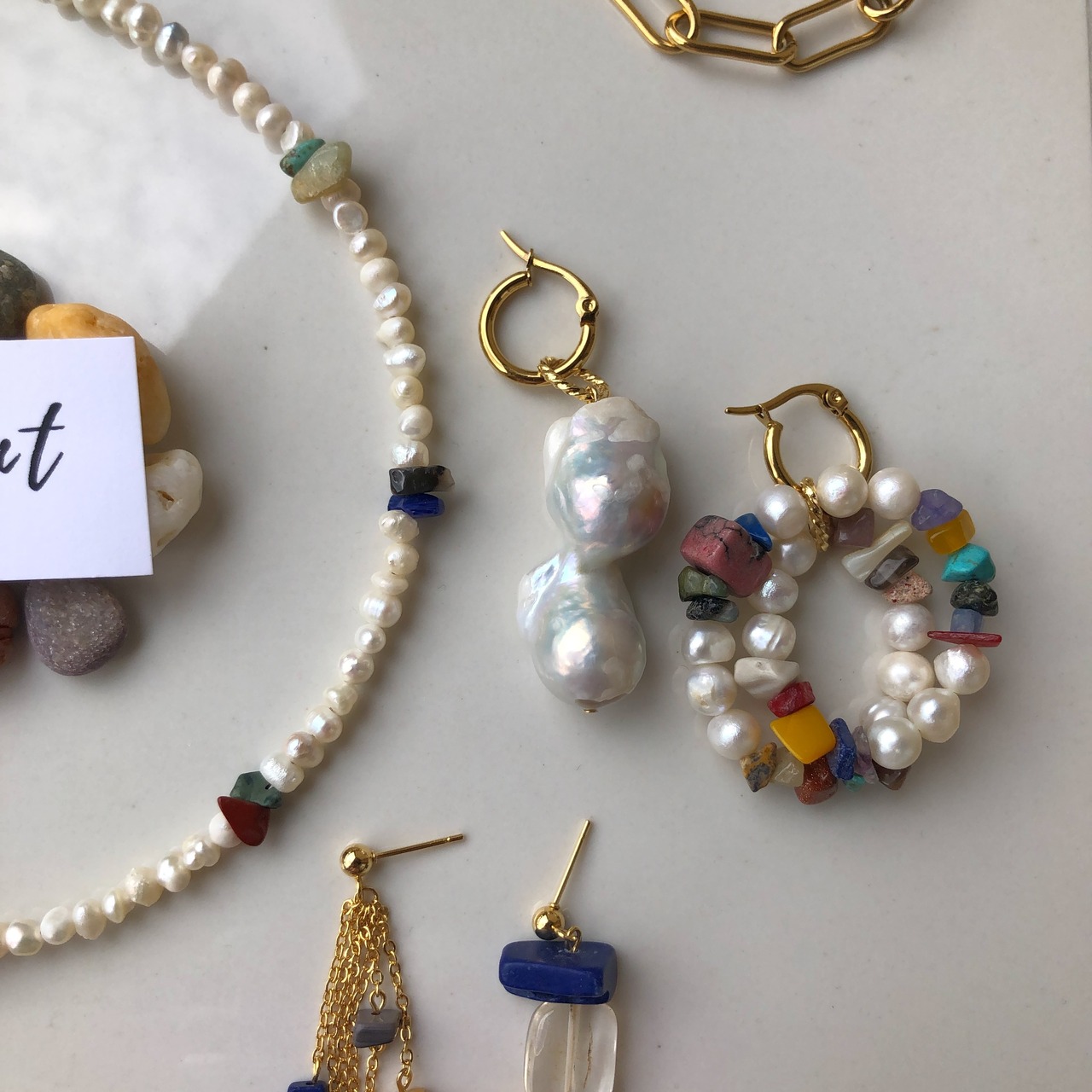 天然石 ×バロックパール 大振りピアス / イヤリング