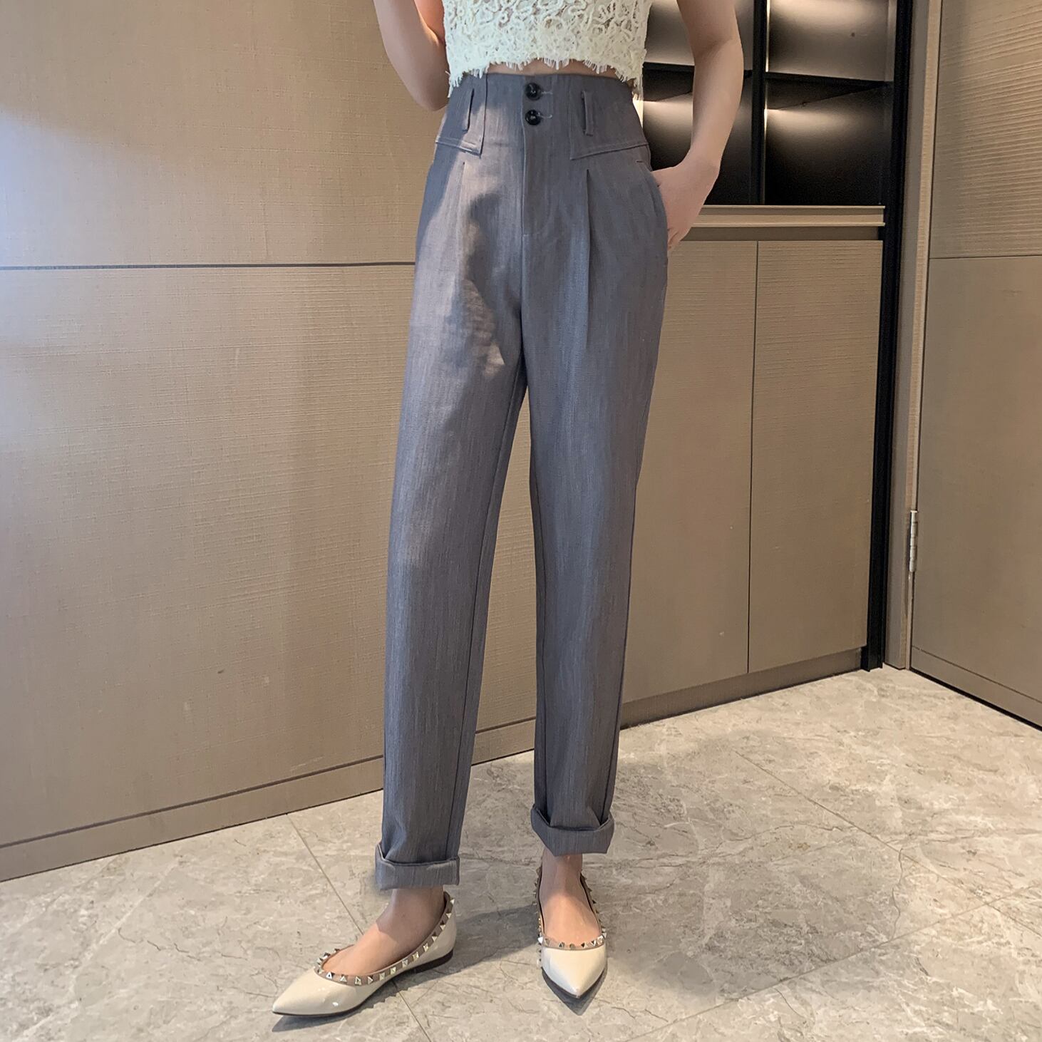 スプリングハイウェストスリム薄手グレーパンツ 春物 6Du_Shop_Women43391643038