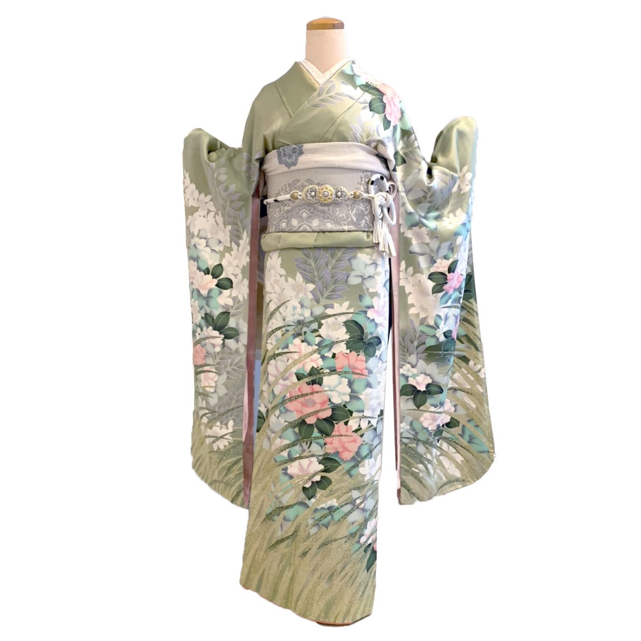 振袖 レンタル フルセット ヴィンテージ振袖 ビンテージ 昭和初期 M〜Lサイズ 若草色牡丹 【KIMONO梅千代】 umefv0007