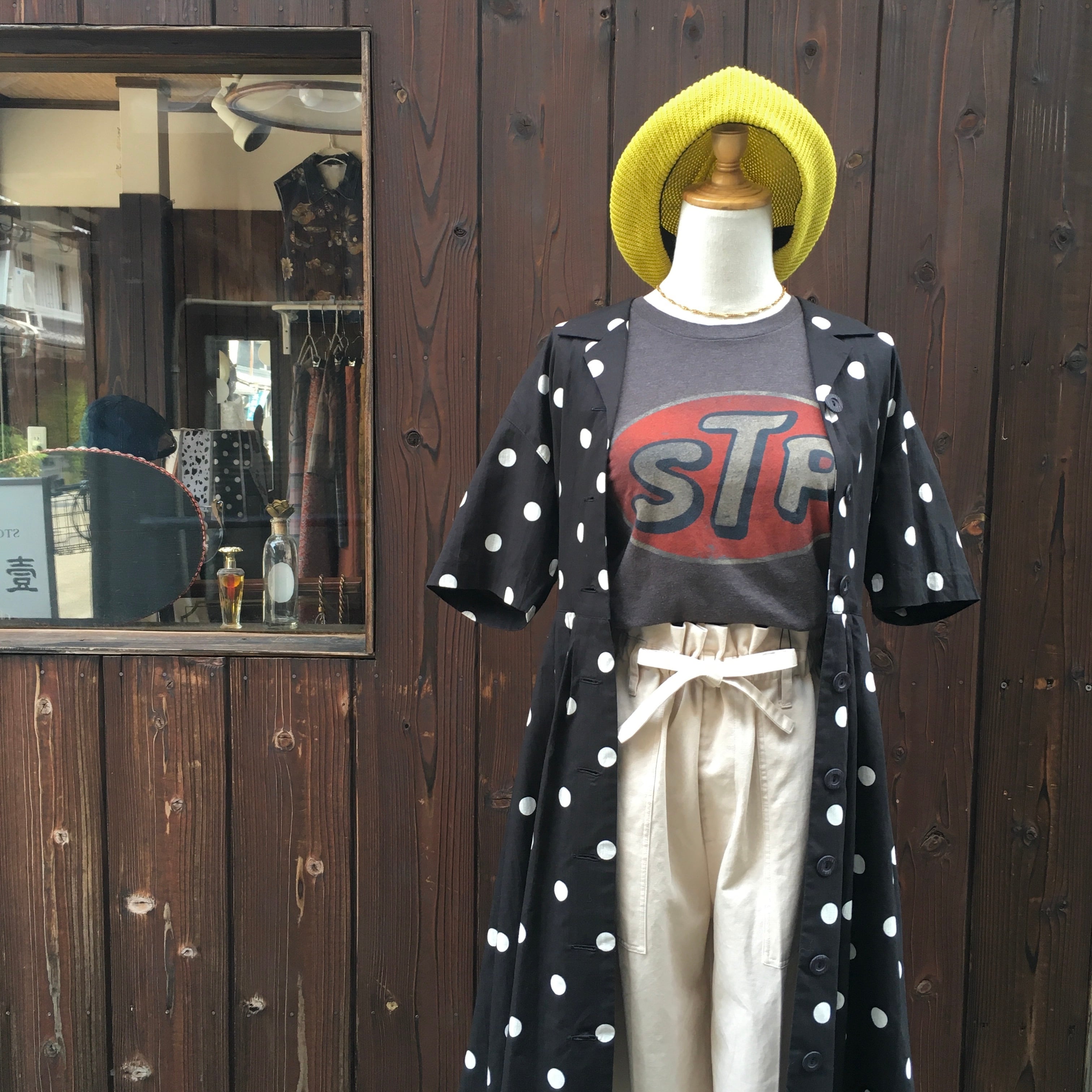 open collar dot one piece 〈レトロ古着 オープンカラードット