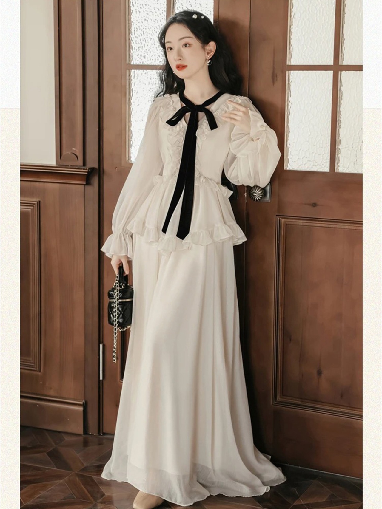 【0251】Maxi Length Frill Flare Long Sleeve Dress
