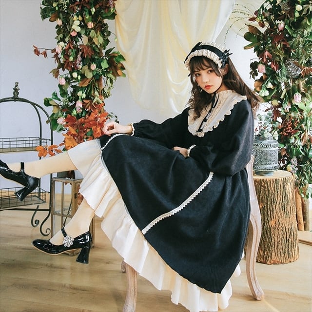 SEASONZ レディース ゴスロリ ワンピース 長袖 レイヤー スカート フリル 黒 病み可愛い レトロ メイド風 ロリータ コスプレ フェス ゆめかわ