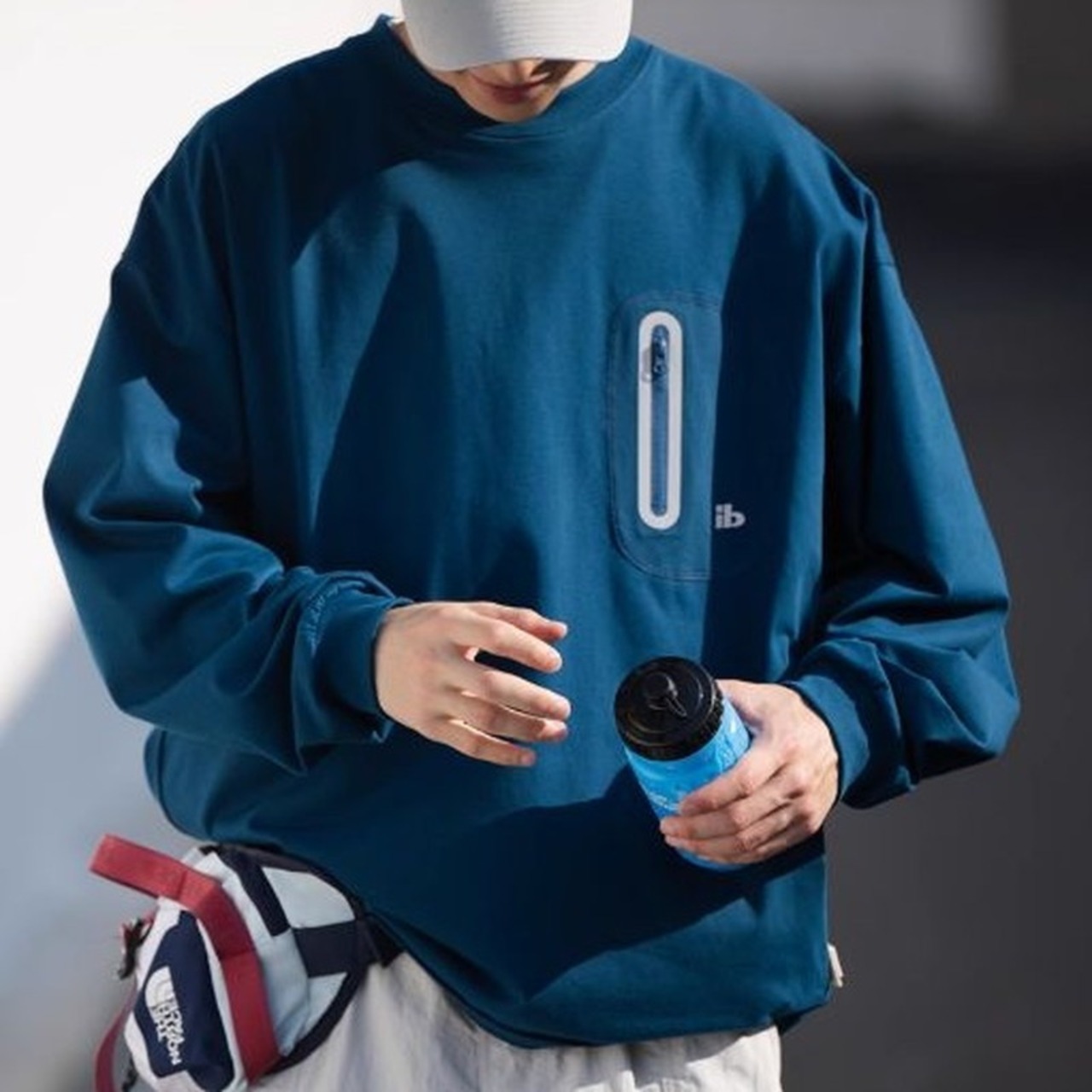 Round Neck Zip Pocket Long Sleeve T-Shirt ◇3color H0632