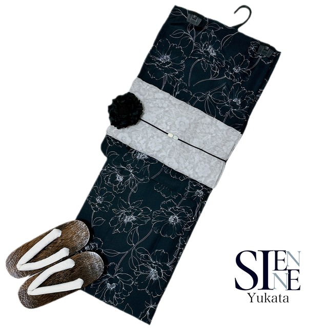 浴衣ジェンヌ 浴衣5点セット 黒 ボタニカル 花柄 レディース ポリエステル  ゆかた 兵児帯 浴衣