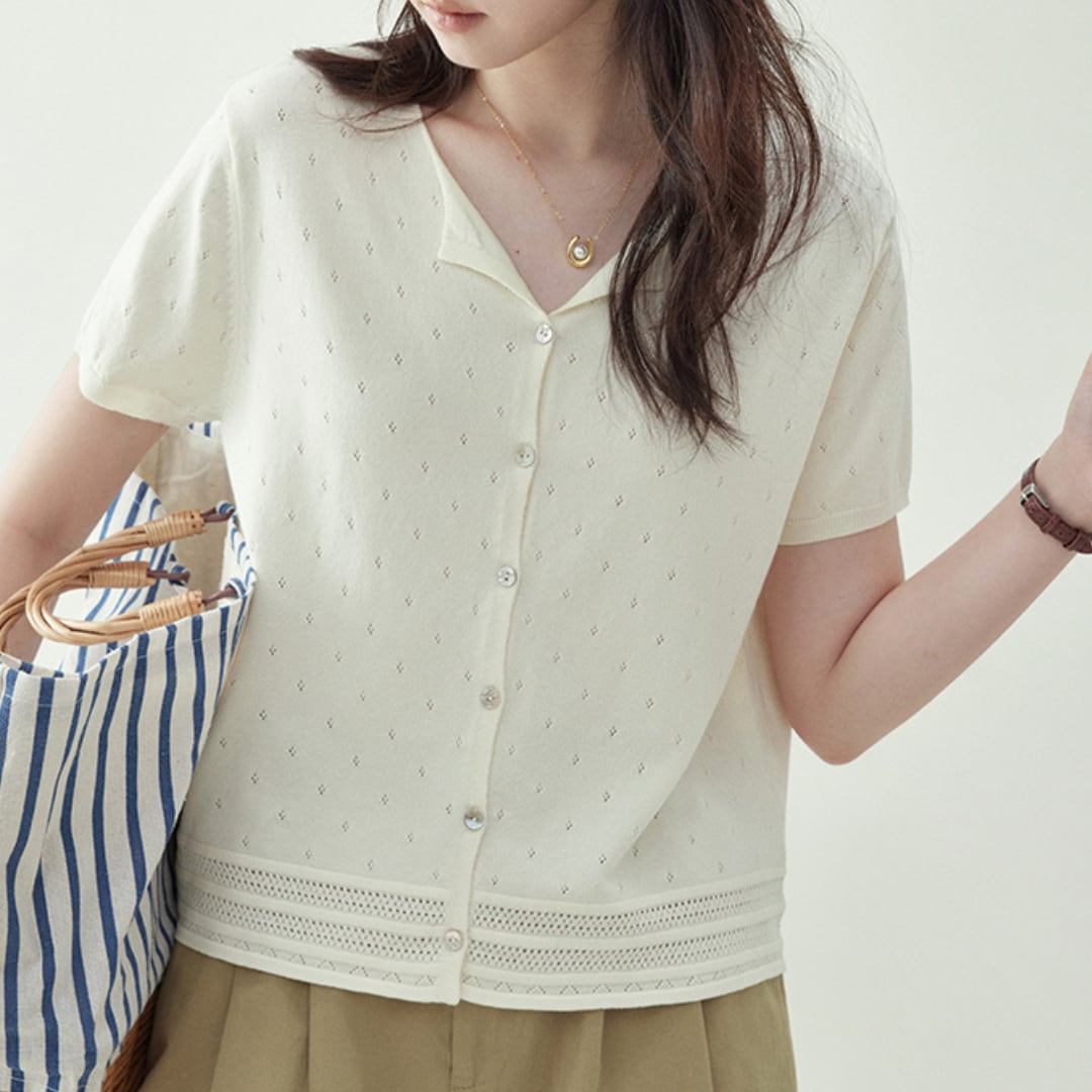 lace hem openwork v neck knit top