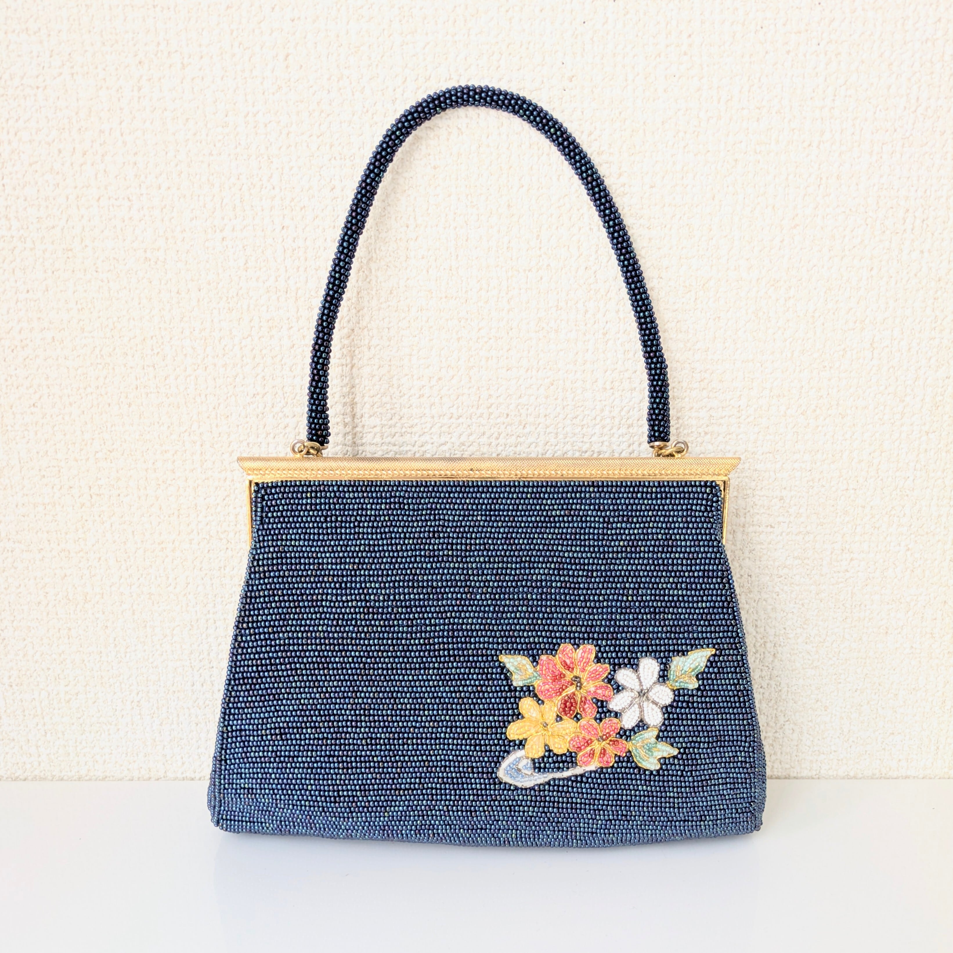 Vintage】ビーズ刺繍バッグ 紺色 金 花筏 パーティーバッグ 昭和レトロ