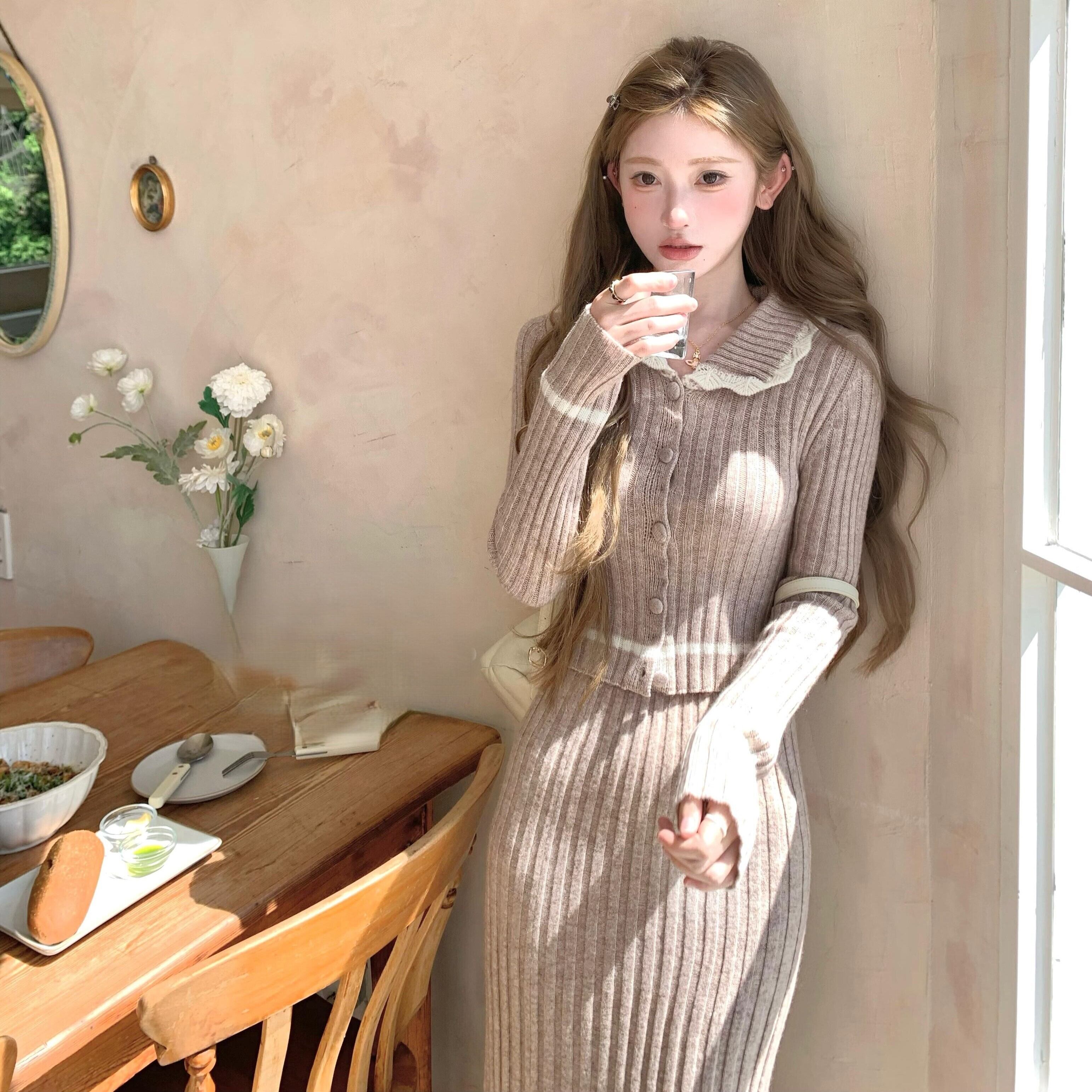 Myurina ニットロングスカートセットアップ 韓国 2点セット ポロシャツ