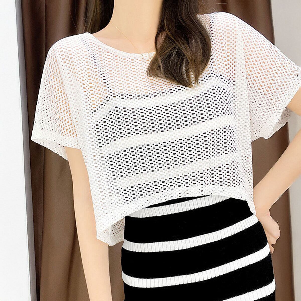 メッシュ ニット 透かし編み トップス レディース 春夏 韓国 透け感 ショート丈 きれいめ おしゃれ 大人 カジュアル 重ね着 レイヤード 薄手 サマーニット 肌見せ 大人可愛い 大人女子