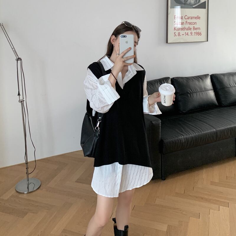 スプリングVネックニットセット ホワイトストライプシャツ 春物 クレセントシティ37477998044