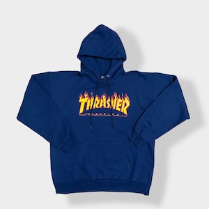 【THRASHER】フレイムロゴ プリント パーカー プルオーバー スウェット フーディー hoodie M ネイビー スラッシャースケートボード スケーター ボード us古着