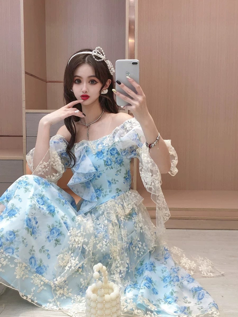 【ベリーダンス用衣装】水色 ガラベーヤ ワンピースドレス ピンク 花柄 ラメ ベリーダンス用衣装】水色 ガラベーヤ ワンピースドレス ピンク 花柄