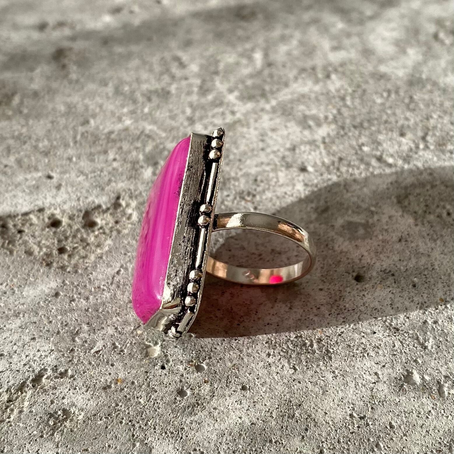 Retro natural stone pink chalcedony hand made ring レトロ