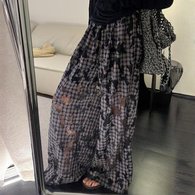 Check plus lace wide pants　V2976