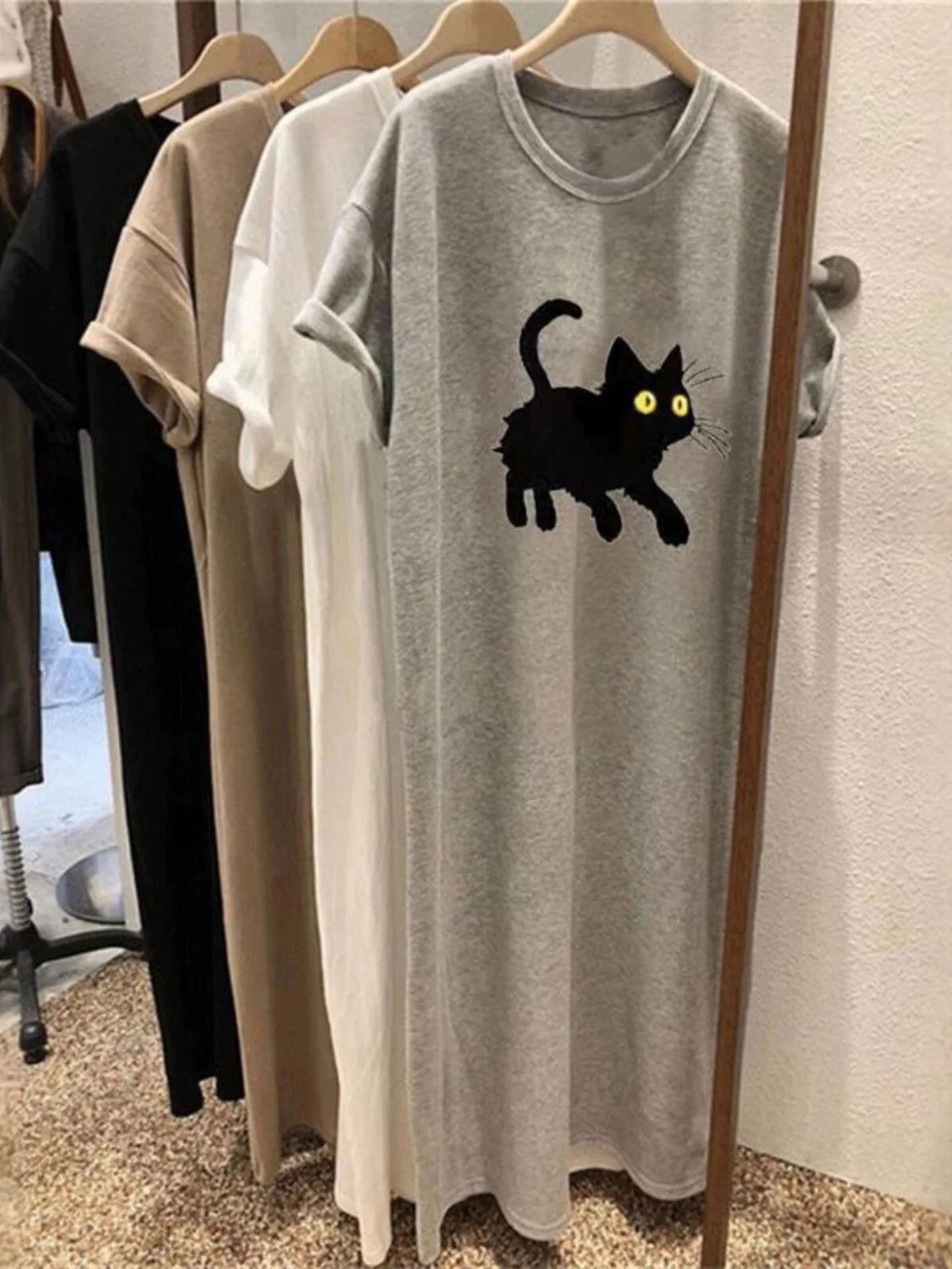 膝丈 オーバーサイズ レディース ワンピース 夏 デザインセンス サイドスリット 半袖 Tシャツワンピース Aライン 韓国風 ラウンドネック