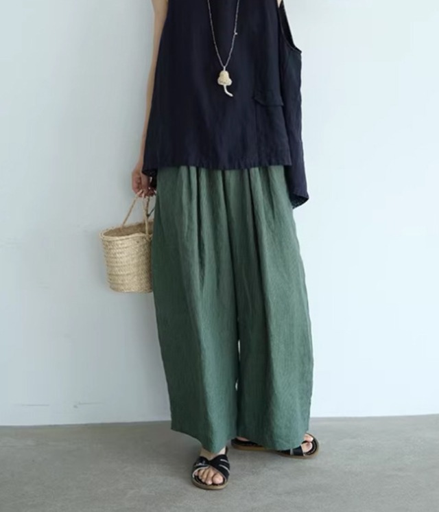 深緑リネン バルーンワイドパンツ