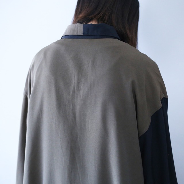 "black×khaki" bi-color switching design loose silhouette shirt