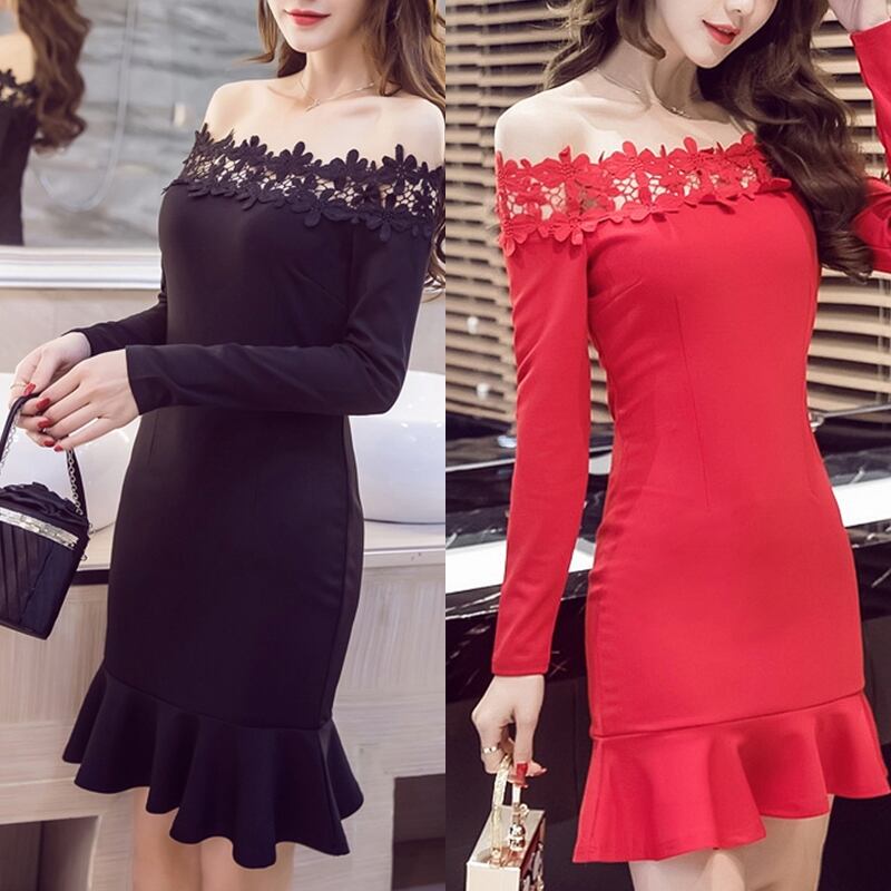 オフショルダー レース マーメイドライン ワンピース