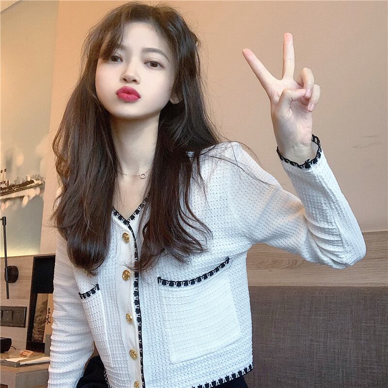 ニットホワイトカーディガンレディース初秋ヒットカラーアイスシルク長袖2020新作スリムシングルブレストショートジャケットジャケット ブラックストロベリース48488180908