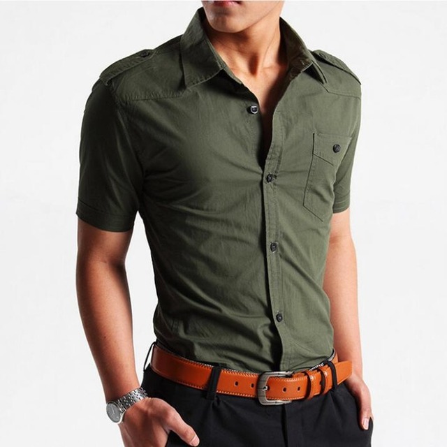 新しい男性の軍服スタイルシャツカジュアル半袖シャツ綿100%男性トップ服m-xxxl