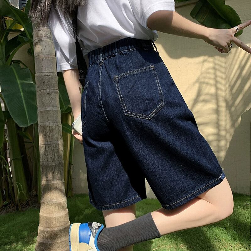 デニムブルー ハイウエストショートパンツ 夏のダークブルーのハイウエストデニムショートパンツ、小さな女性、洋