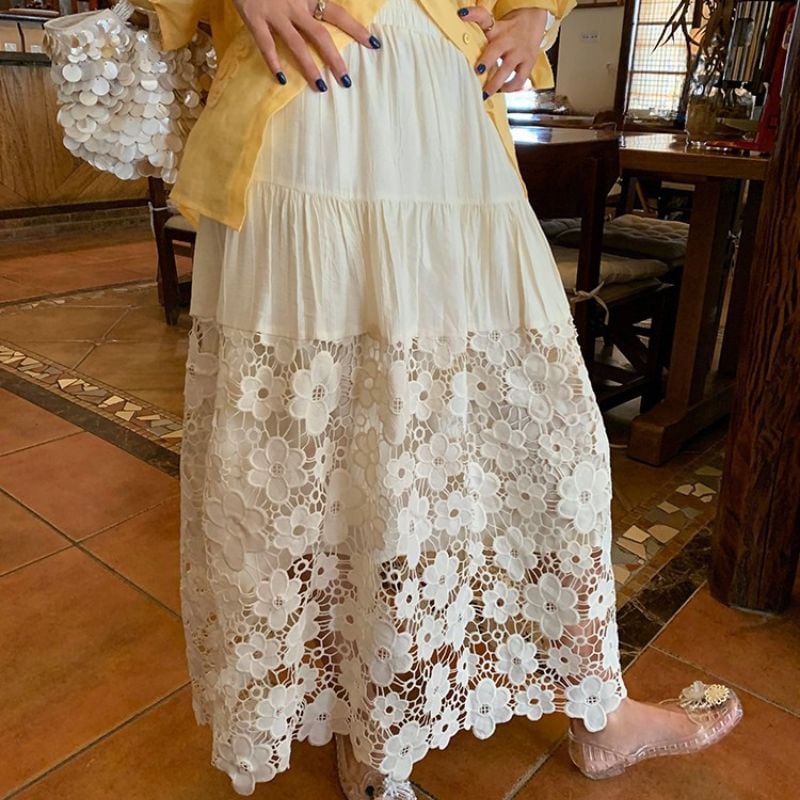 Floral lace tiered long skirt 00425