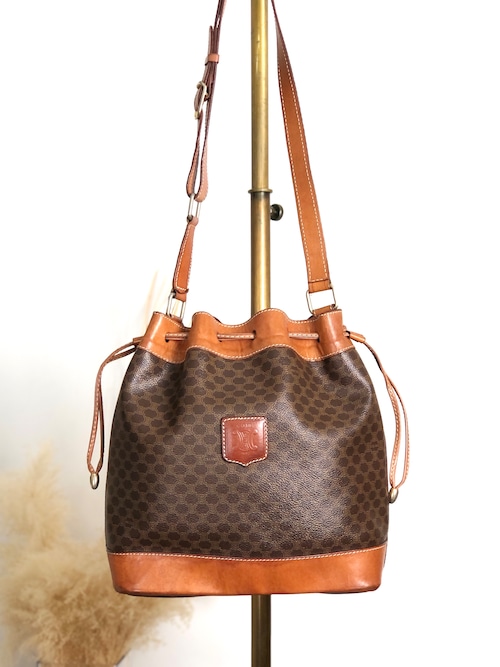 CELINE セリーヌ マカダム ショルダーバッグ ブラウン ブラゾン型押し PVC 巾着 vintage ヴィンテージ オールド mp3xvi