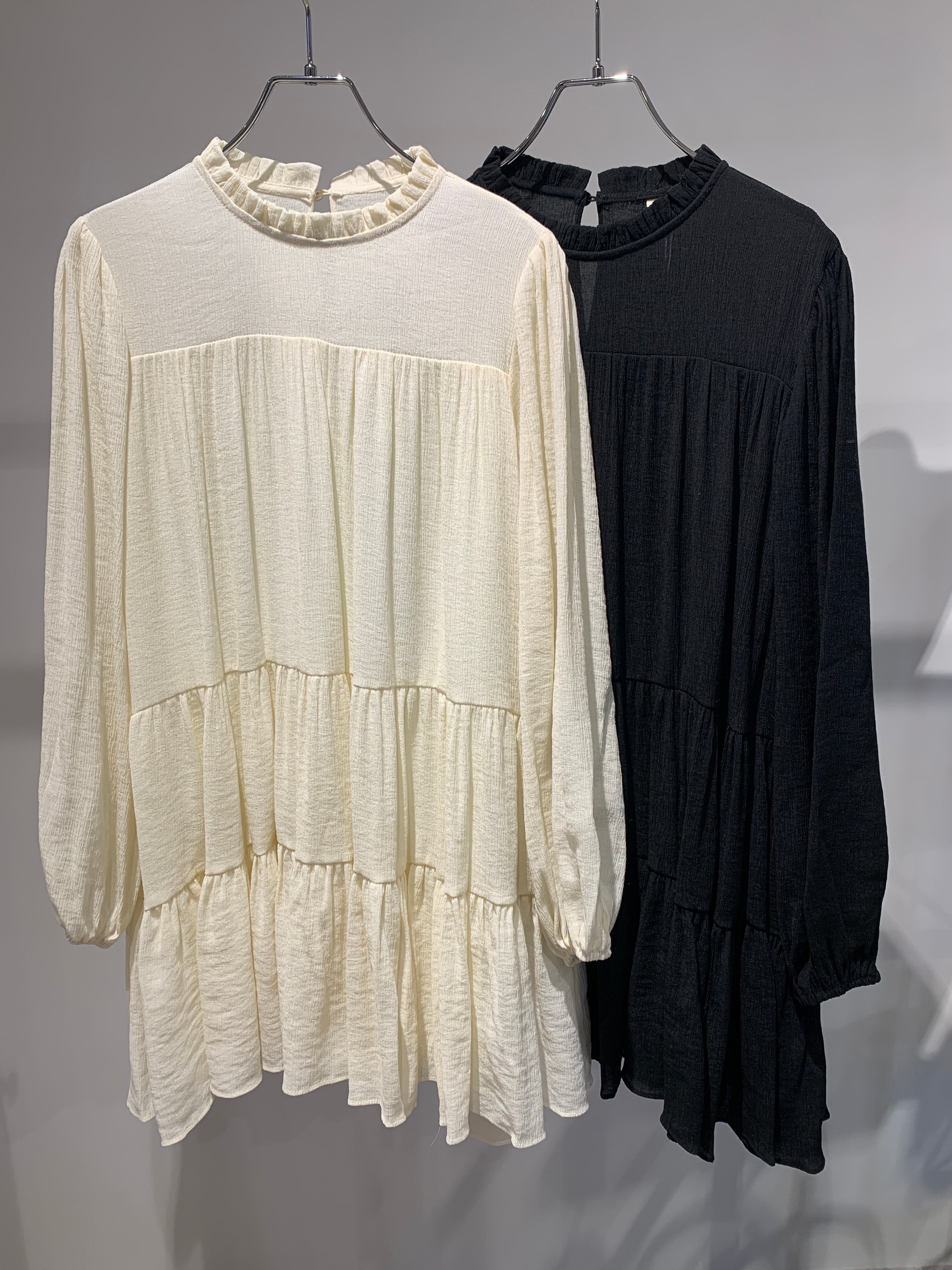 frill neck crepe tiered tunic one-piece