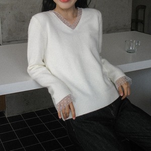 lace v-neck knit　J00407
