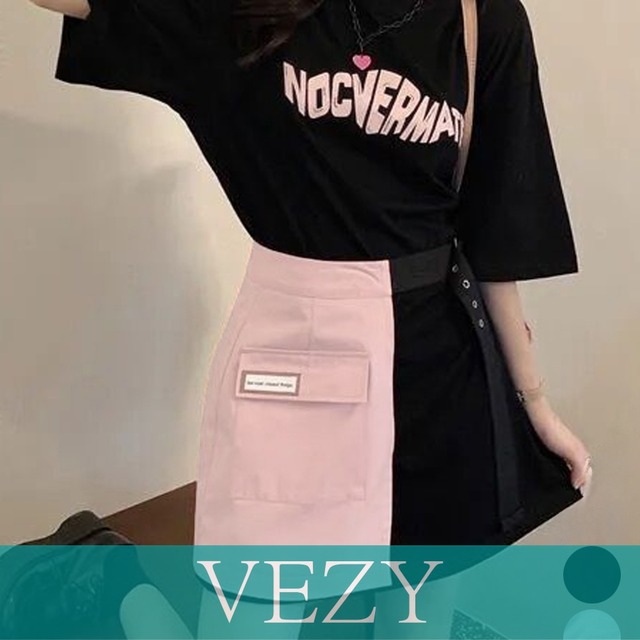 ロゴTシャツワンピース 巻きミニスカート プチプラセットアップレディースカジュアル ロングtシャツおしゃれ 英字プリントtシャツ半袖 ラップミニスカートレイヤード ワンピース  VEZY ベジー  ItemNo.【23096338】