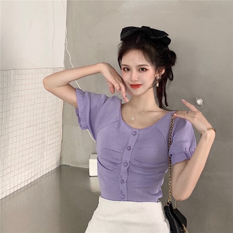 スタンダードスリムソリッド カラープリーツスリーブニットセーター トップス サマー レトロ 夏物 ソリッドカラー ドラファッションホール84514535654