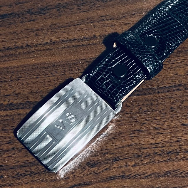 VINTAGE TIFFANY & CO. Engine Turned Slide Buckle Sterling Silver / Black Lizard Belt 38” | ヴィンテージ ティファニー エンジンターン スライド バックル スターリング シルバー / ブラック リザード ベルト 38インチ