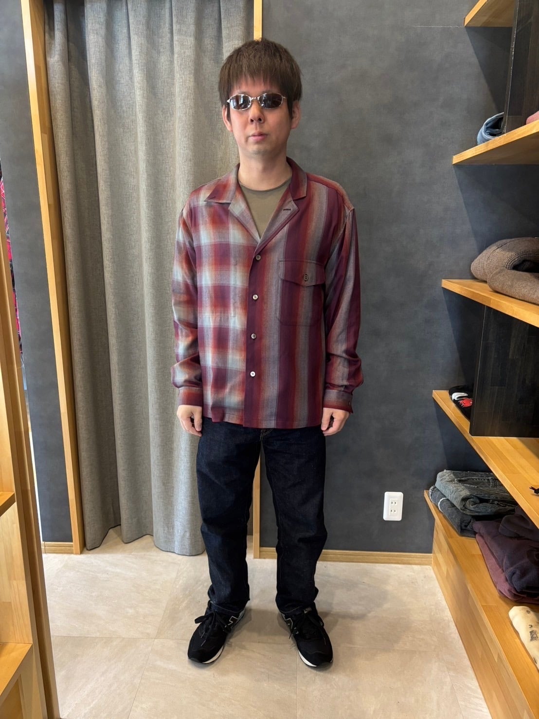 Sasquatchfabrix. アシンメトリーカラーシャツ Sasquatchfabrix.】ASYMMETRY COLLAR SHIRT RED CHECK | delhezi